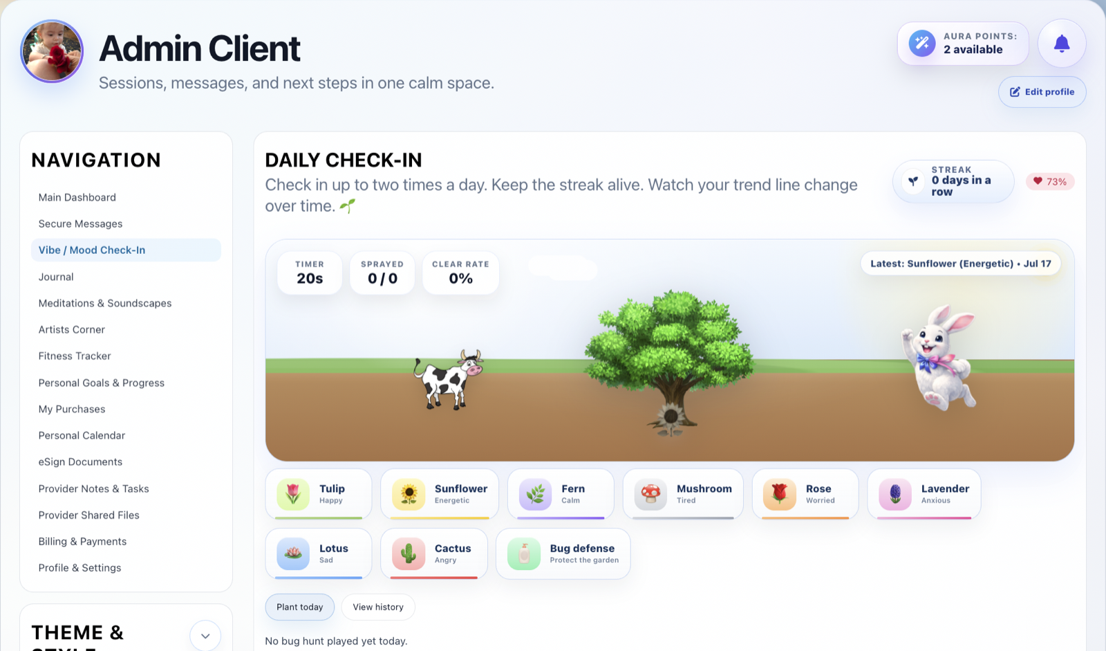 Coachable daily mood check-in with streak tracking and an interactive wellness garden.