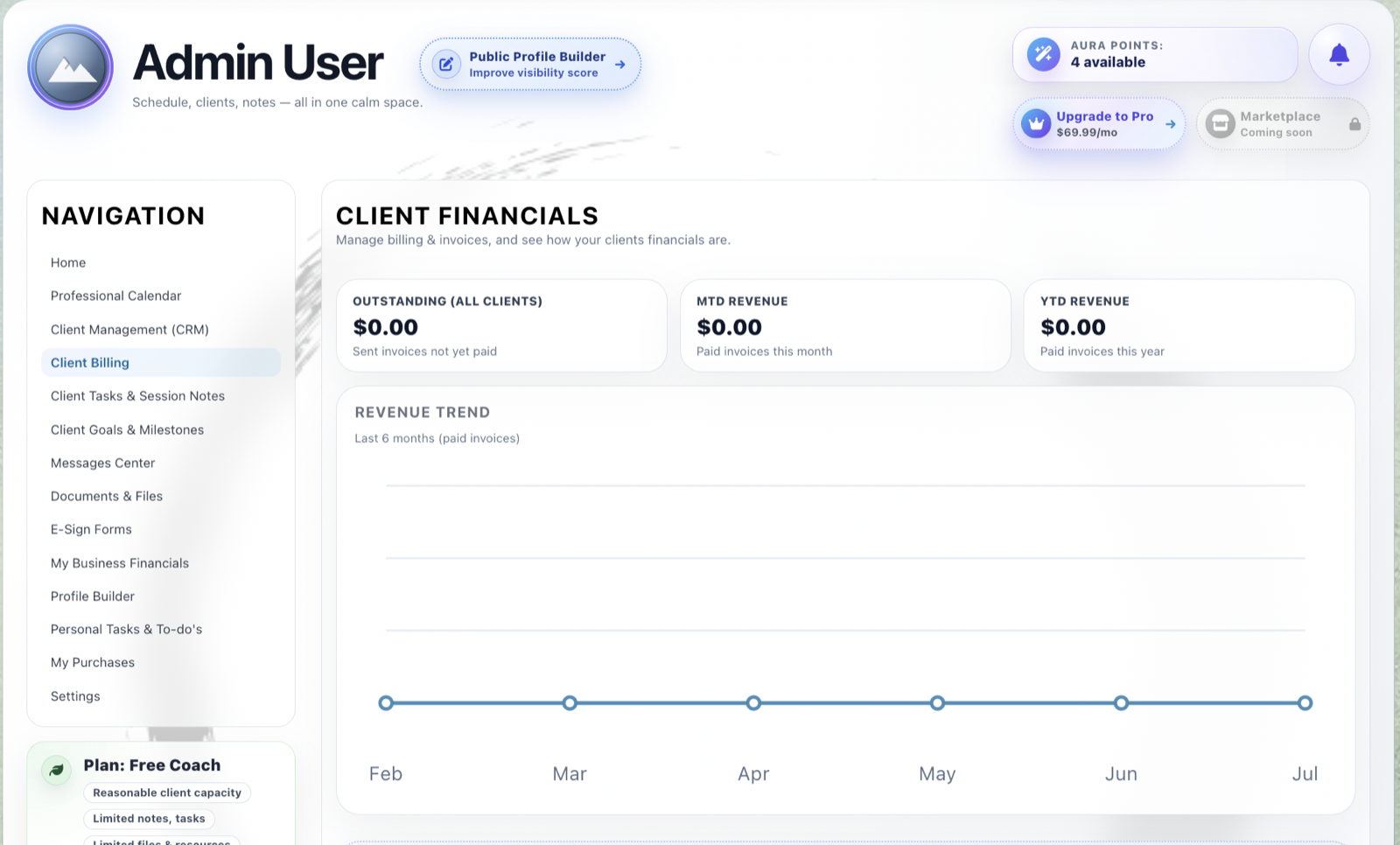 Coachable client financials dashboard with revenue summaries and trends.