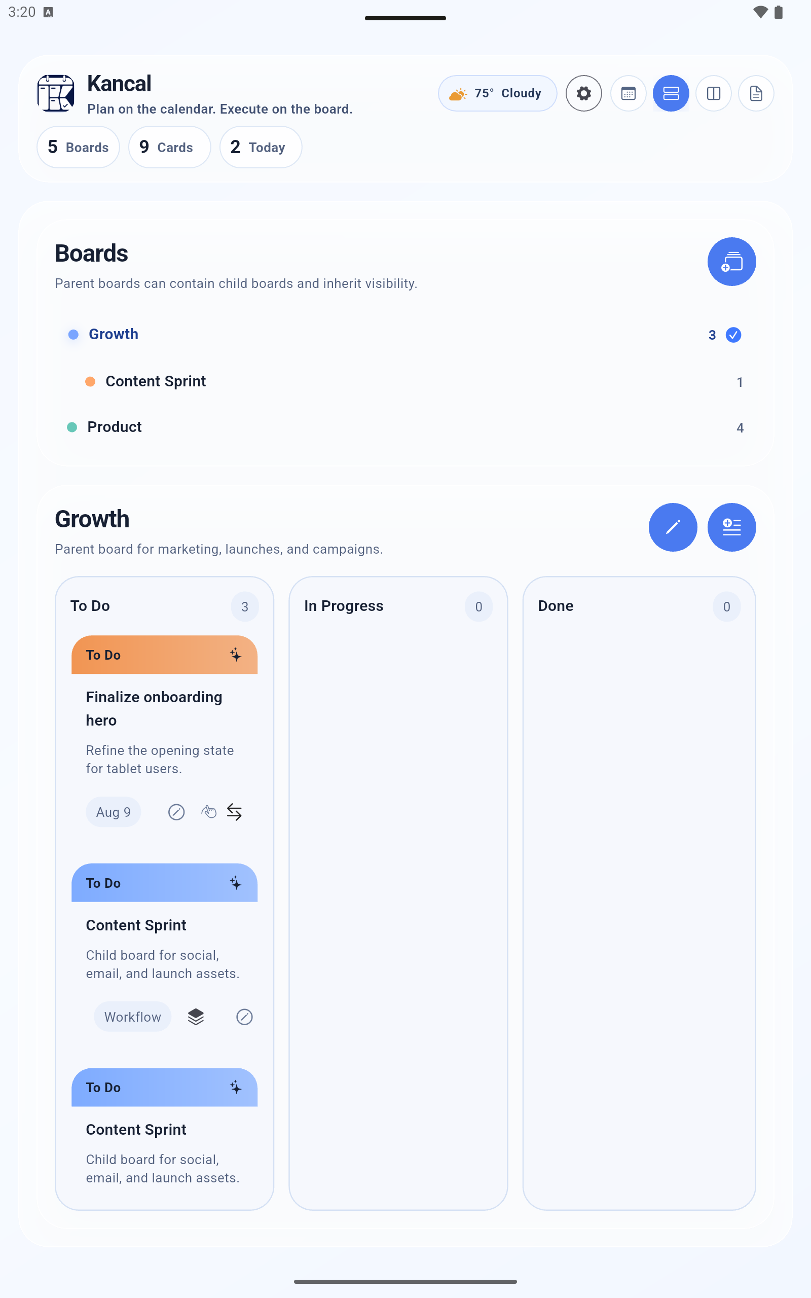 KanCal tablet kanban boards and cards