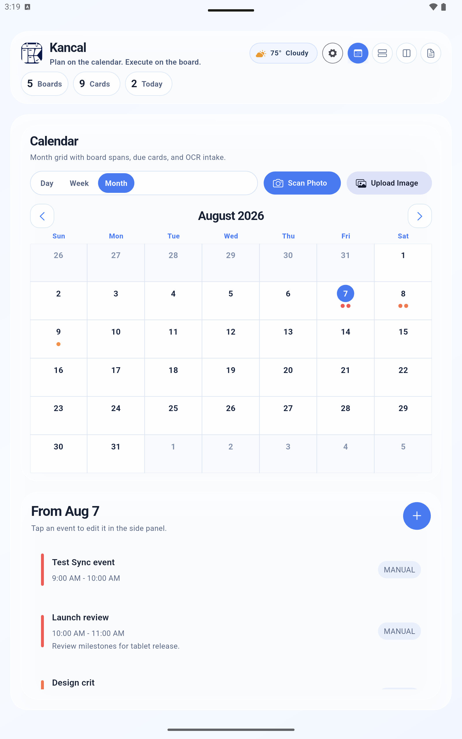 KanCal tablet calendar with events and OCR intake